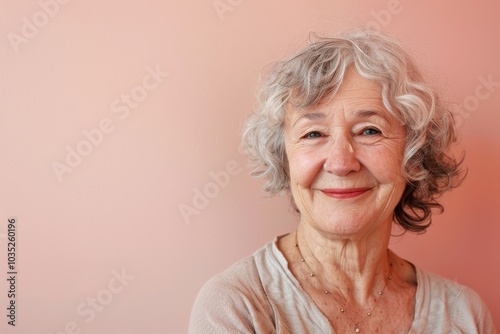 Elegant Senior Woman Smiling on Soft Pink Background with Copy Space on the Right