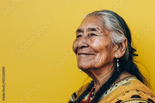 Portrait of a Smiling Older Native American Woman in Traditional Jewelry on Soft Yellow Background with Copy Space Above