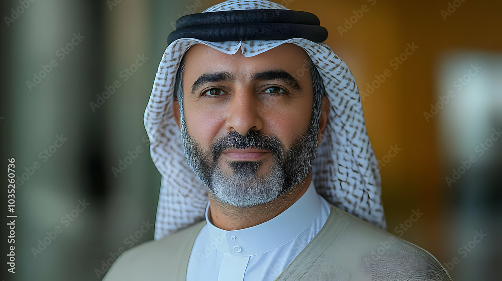 Man in Traditional Middle Eastern Clothing with a White and Brown Headscarf Man in Traditional Middle Eastern Clothing with a White and Brown Headscarf