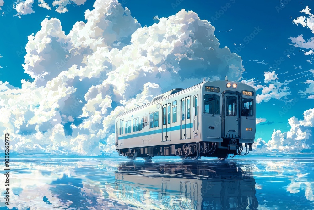 A train on the sea in anime style, surrounded by white clouds and blue sky, with a symmetrical composition, high-saturation colors. A train on the sea in anime style, surrounded by white clouds and blue sky, with a symmetrical composition, high-saturation colors.