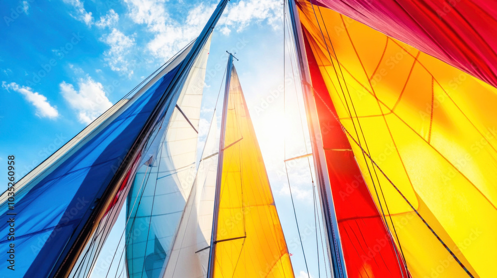 Fototapeta premium Sailboat sails billowing in the wind on a sunny day at sea