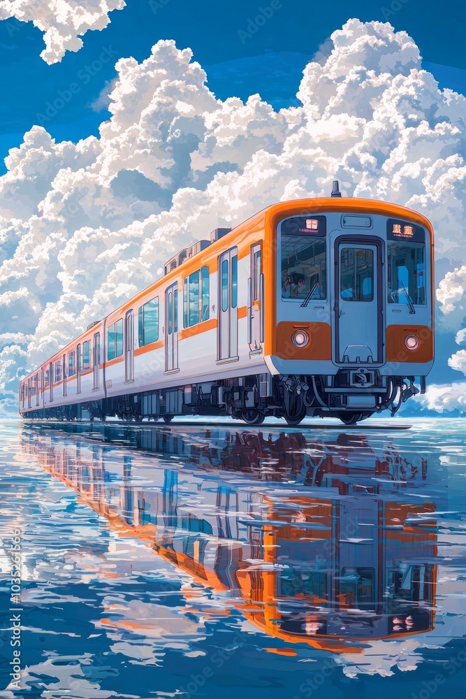 A train on the sea in anime style, surrounded by white clouds and blue sky, with a symmetrical composition, high-saturation colors. A train on the sea in anime style, surrounded by white clouds and blue sky, with a symmetrical composition, high-saturation colors.