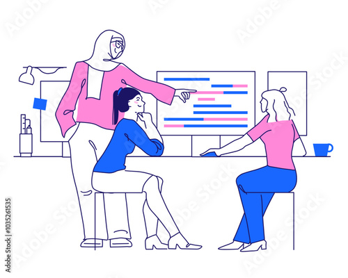 Female coders discuss the code in the office