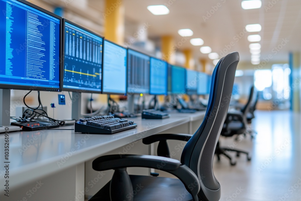 A modern office workspace features multiple computer monitors displaying data, accompanied by ergonomic chairs and a bright, open environment. A modern office workspace features multiple computer monitors displaying data, accompanied by ergonomic chairs and a bright, open environment.