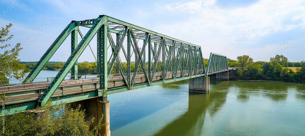 Old green metal truss bridge spanning a wide river