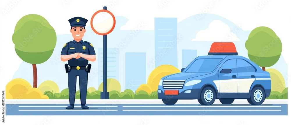 Police officer standing beside a patrol car in a city park setting. Police officer standing beside a patrol car in a city park setting.