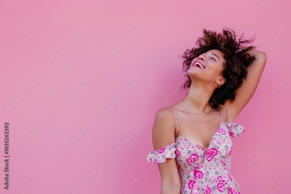 Happy Stylish Woman in Summer Dress on Pink Background with Copy Space Happy Stylish Woman in Summer Dress on Pink Background with Copy Space