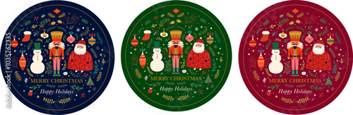 Classic Christmas greeting illustration with funny Santa Claus, nutcracker and snowman. Christmas circle composition in Scandinavian style with traditional Christmas and New Year elements. Gift boxes.