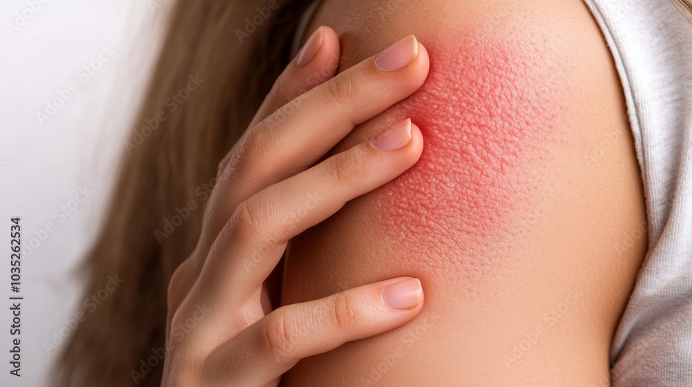 A person scratching a red, inflamed rash on their upper arm, with visible irritation and redness spreading around the affected area. The image should highlight the redness of the s A person scratching a red, inflamed rash on their upper arm, with visible irritation and redness spreading around the affected area. The image should highlight the redness of the s