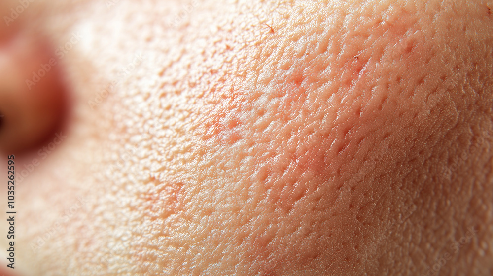 A close-up texture of irritated skin with a visible red rash caused by an allergic reaction or dermatitis. The surface shows rough, inflamed patches with small bumps, highlighting A close-up texture of irritated skin with a visible red rash caused by an allergic reaction or dermatitis. The surface shows rough, inflamed patches with small bumps, highlighting