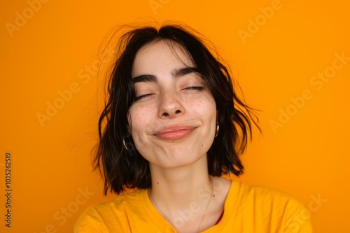 Flirty Woman Winking on Vibrant Orange Background with Copyspace for Text - Playful and Fun Expression in Portrait Photography