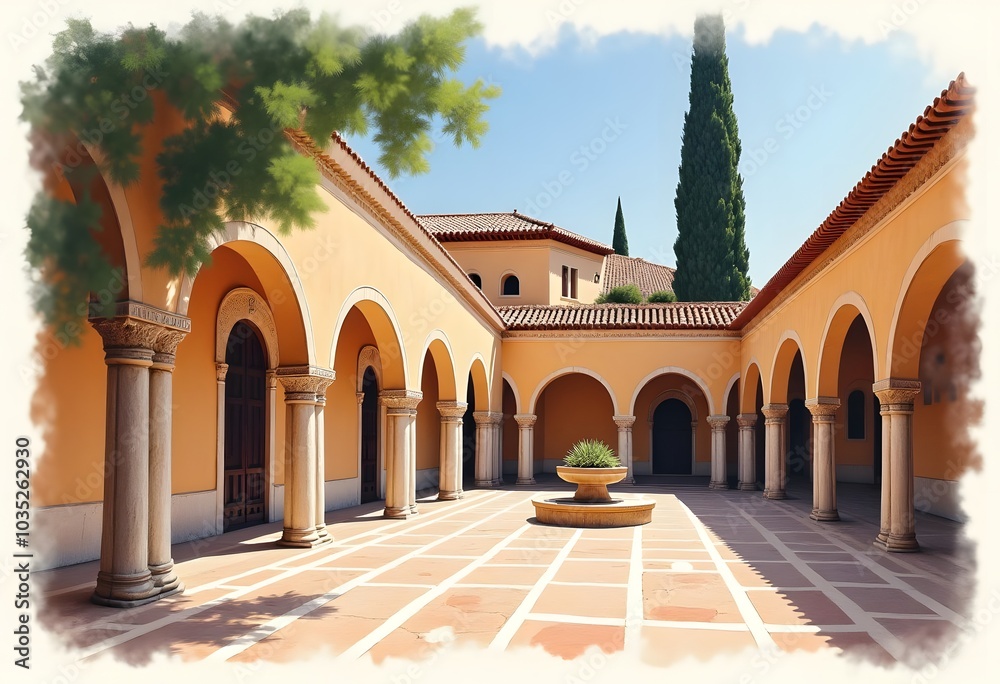 Fototapeta premium Interior pool courtyard Patio de la Alberca of the Alcazaba fortress of Malaga, Andalusia in southern Spain, with distinctive Moorish arches and columns. 