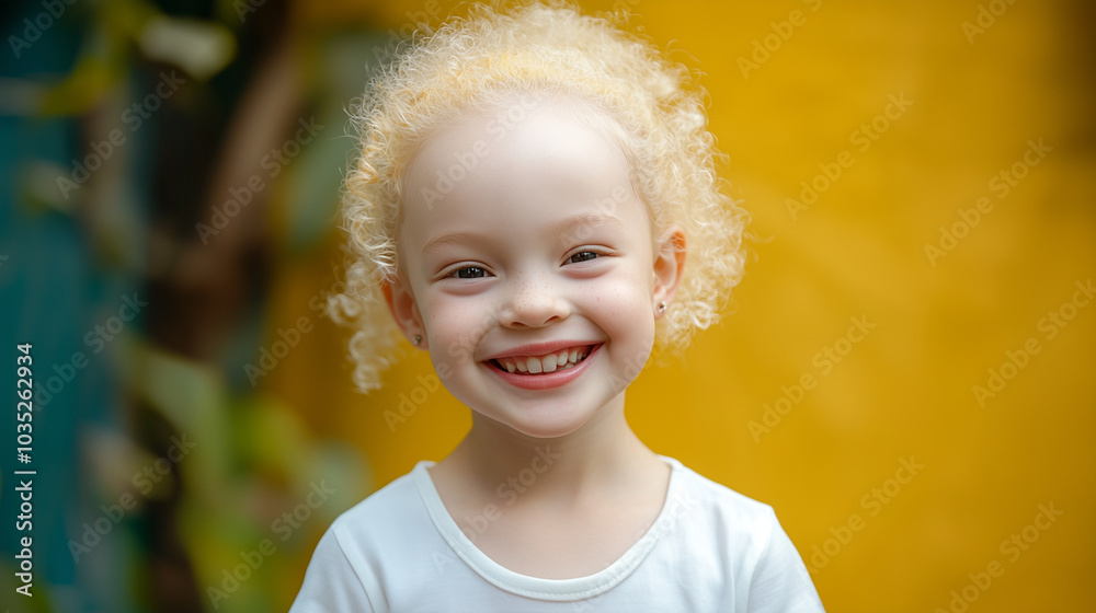 Little cute young albino vitiligo small girl relax toothy smile look at ...