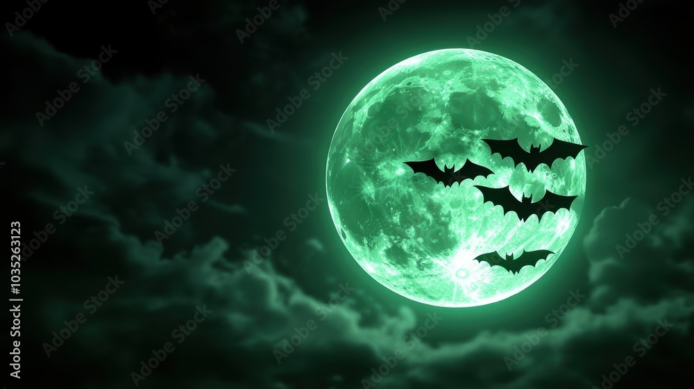 A glowing green moon shines through dark clouds, with silhouetted bats flying across the night sky, creating a spooky atmosphere. A glowing green moon shines through dark clouds, with silhouetted bats flying across the night sky, creating a spooky atmosphere.