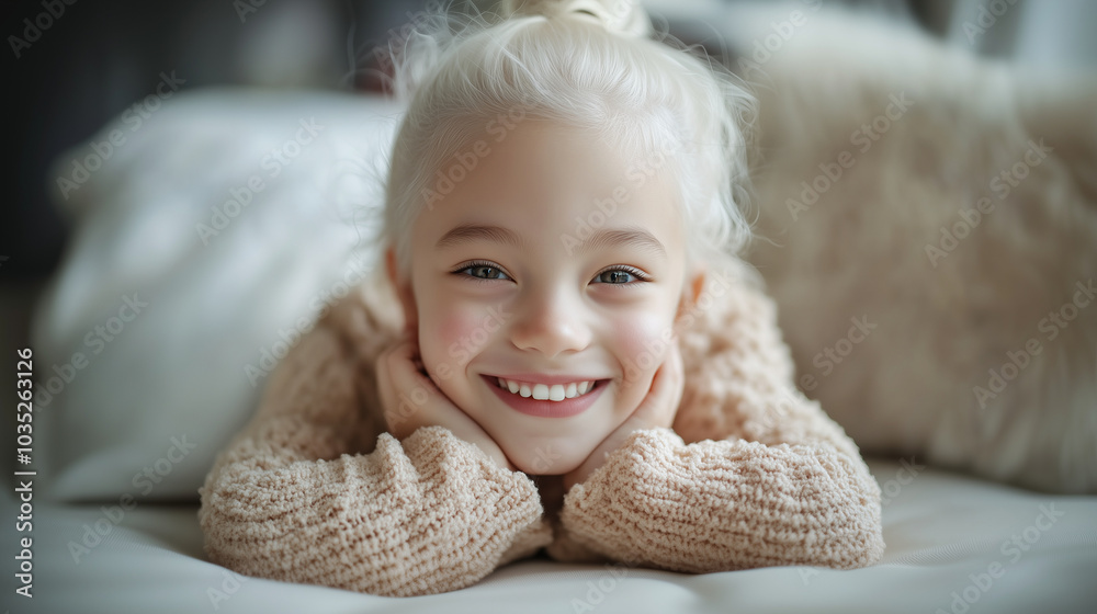 Little cute young albino vitiligo small girl relax toothy smile look at camera. Real melanin face body skin care hair color of asia people gen z kid in self love happy proud of div