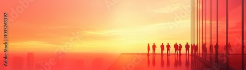 Silhouettes of business professionals watching a stunning sunset from a rooftop terrace over a city skyline.