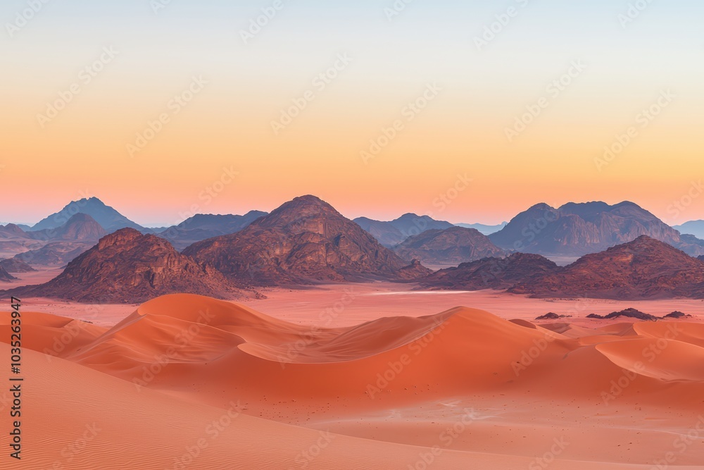 Naklejka premium Stunning desert landscape with vibrant orange sand dunes and majestic mountains at sunset.