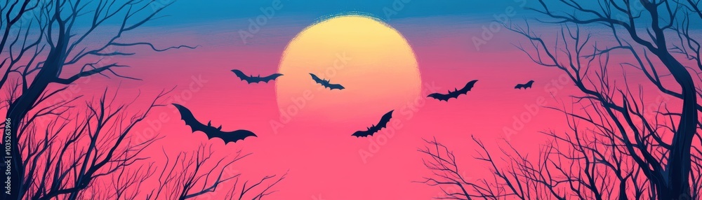 Naklejka premium A serene sunset with a vibrant sky and flying bats, framed by silhouetted tree branches, evoking a mysterious, autumnal atmosphere.
