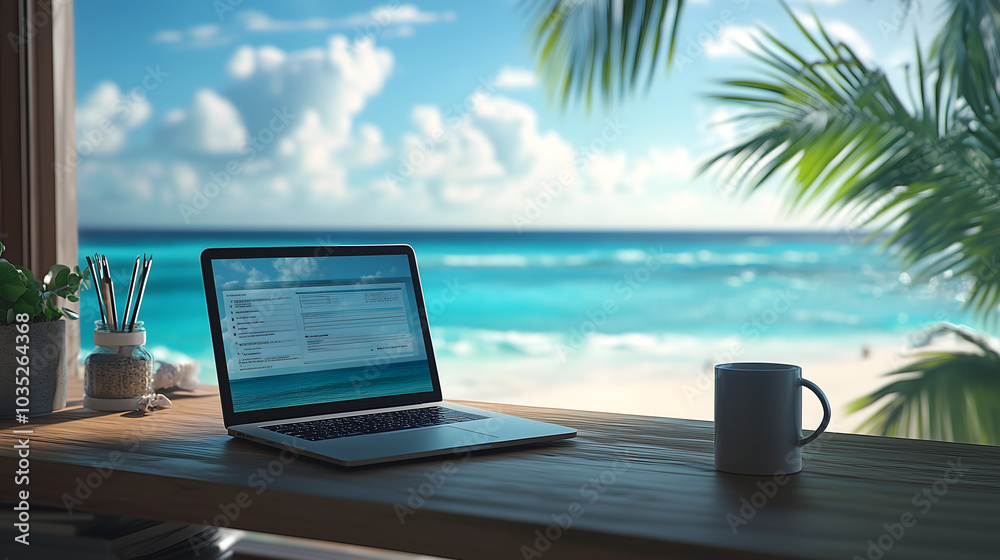 Fototapeta premium Laptop and coffee mug placed on desk in seaside view 