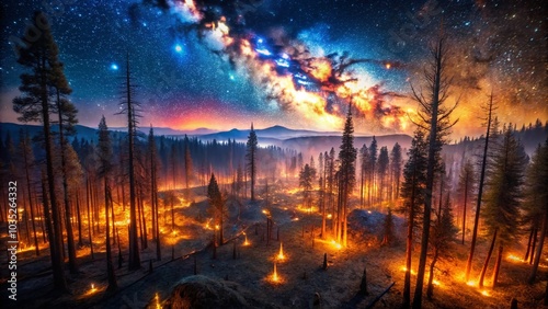 Aerial Night Photography of a Forest Burnt by Wildfire with Glowing Embers and Dark Skies