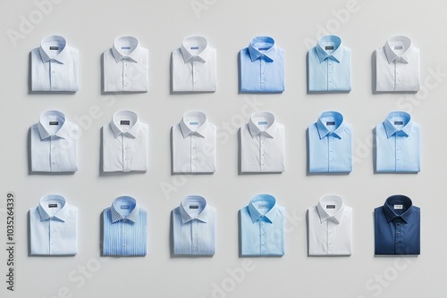 A variety of white and blue dress shirts, neatly arranged in rows on the right side of an empty light gray background.