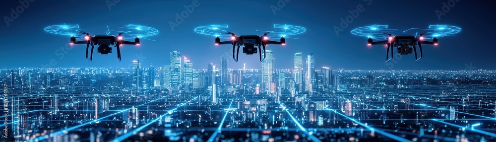 Three drones flying over a futuristic city skyline at night, illuminated by bright lights. Three drones flying over a futuristic city skyline at night, illuminated by bright lights.