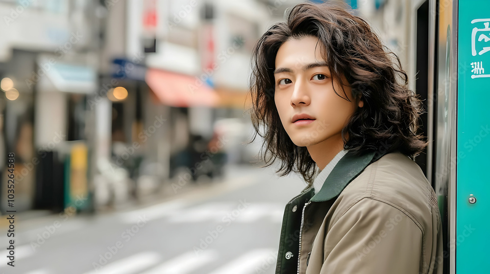 Fototapeta premium Young Man with Long Hair Posing in Urban Setting