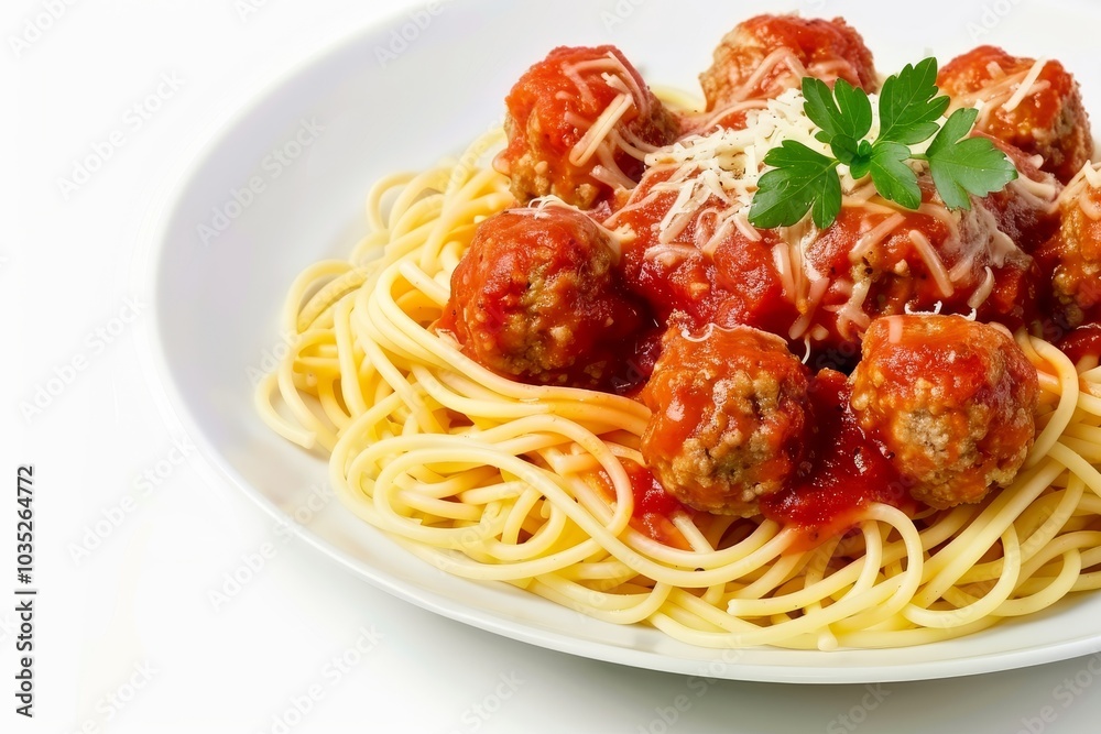 Delicious Plate of Spaghetti and Meatballs on Clean White Background with Copy Space Delicious Plate of Spaghetti and Meatballs on Clean White Background with Copy Space