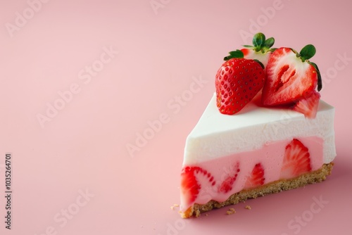 Decadent Cheesecake Slice with Strawberry Topping on Pastel Pink Background - Gourmet Dessert Photography with Copy Space