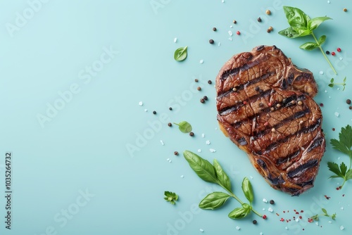 Succulent Grilled Steak with Seasonings on Light Blue Background for Copy Space