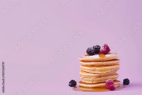 Delicious Stack of Fluffy Pancakes with Berries and Syrup on Pastel Purple Background for Breakfast Menu Design.