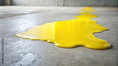 A puddle of bright yellow paint spills onto a light gray concrete floor with a subtle gradient effect in the background, puddle, interior, gradient