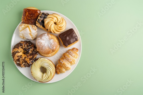 Delicious Assorted Pastries on Light Green Background with Copy Space