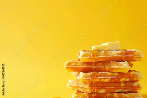 Sweet and Fluffy Waffles with Syrup and Butter on Vibrant Yellow Background for Copy Space