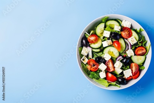 Fresh Greek Salad with Olives and Feta on Bright Blue Background for Copy Space Advertisement