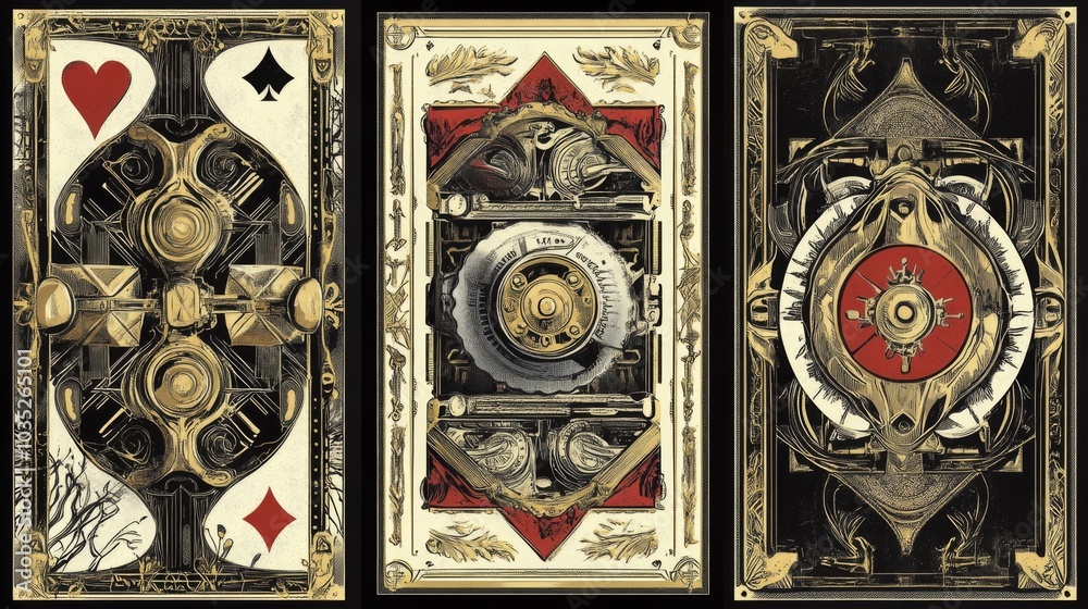 Obraz premium Fantasy Victorianthemed playing cards with steampunk designs and elegant borders