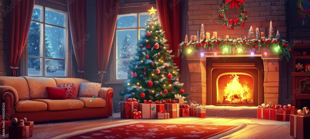 fireplace with christmas decorations. seamless looping time-lapse virtual video animation background. fireplace with christmas decorations. seamless looping time-lapse virtual video animation background.