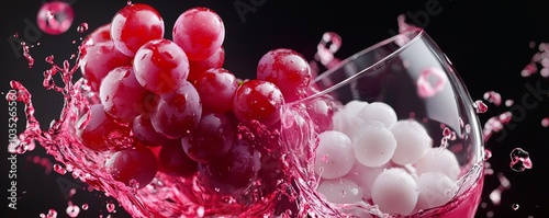 A cluster of grapes floating in mid-air, morphing into swirling red and white wine inside glasses, as vibrant splashes create a sense of motion.