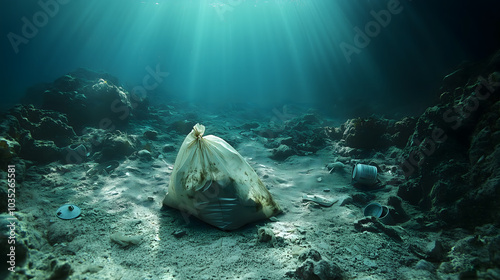 Garbage bags lying under the sea photo