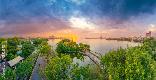Aerial view of Tran Quoc pagoda, the oldest temple in Hanoi, Vietnam.