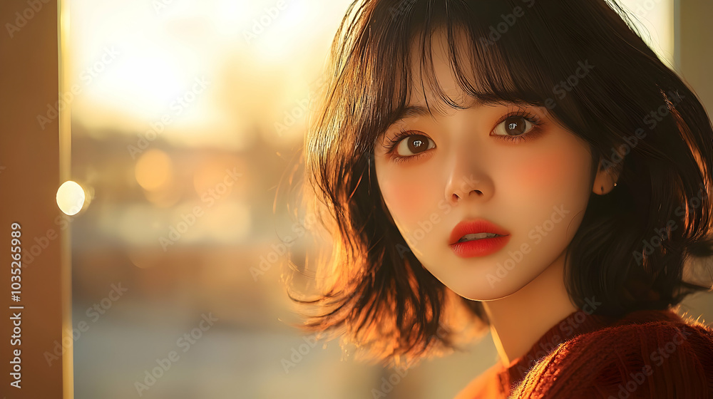Golden Hour Portrait: Woman with Short Hair and a Warm Glow Golden Hour Portrait: Woman with Short Hair and a Warm Glow