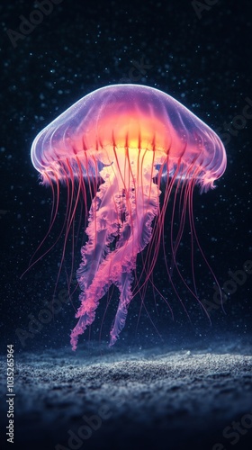 Vibrant jellyfish underwater with mountain backdrop 