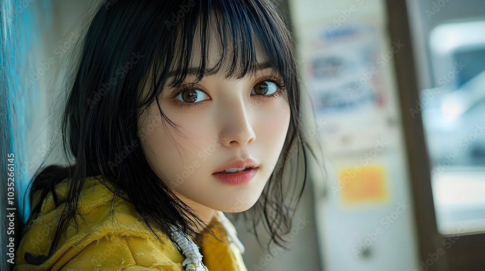 Close Up Portrait of a Woman with a Yellow Jacket Close Up Portrait of a Woman with a Yellow Jacket