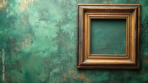 Empty wooden frame against textured, green background wall