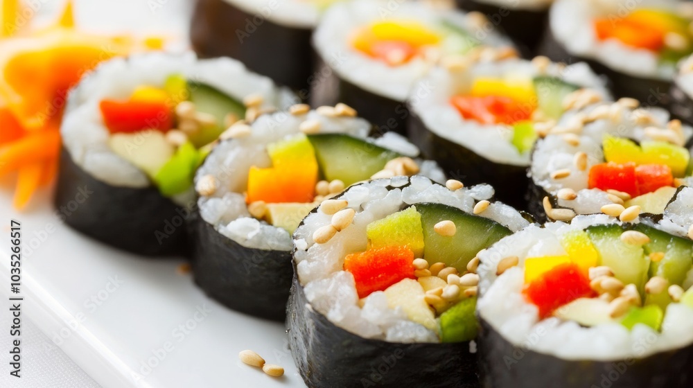 A colorful plate of vegetable sushi rolls filled with avocado, cucumber, carrot