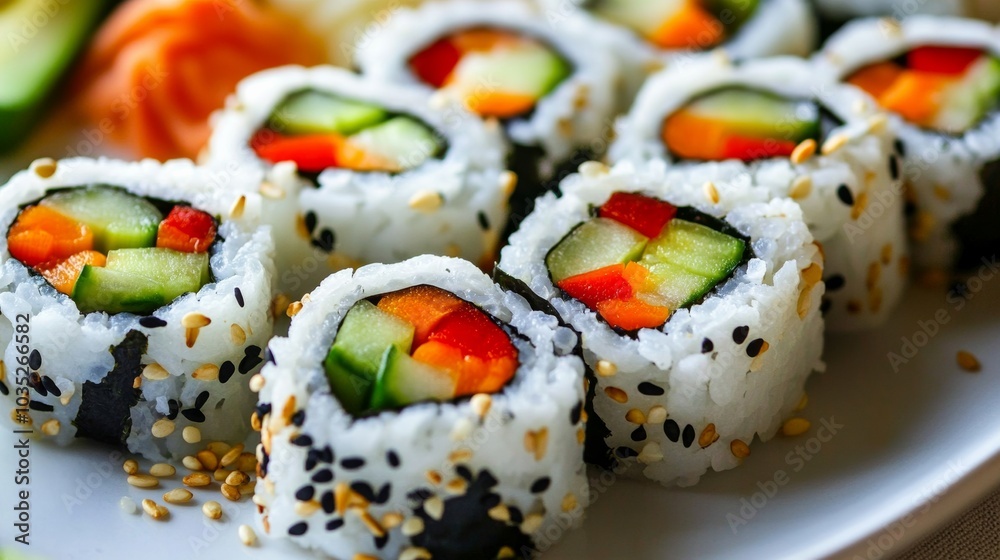 A colorful plate of vegetable sushi rolls filled with avocado, cucumber, carrot A colorful plate of vegetable sushi rolls filled with avocado, cucumber, carrot