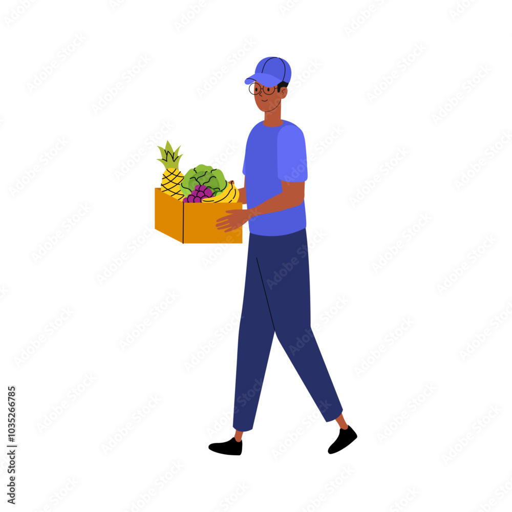 A person delivering a box of fresh fruits and vegetables in a cheerful residential neighborhood A person delivering a box of fresh fruits and vegetables in a cheerful residential neighborhood