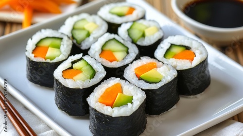 A colorful plate of vegetable sushi rolls with avocado, cucumber, and carrot