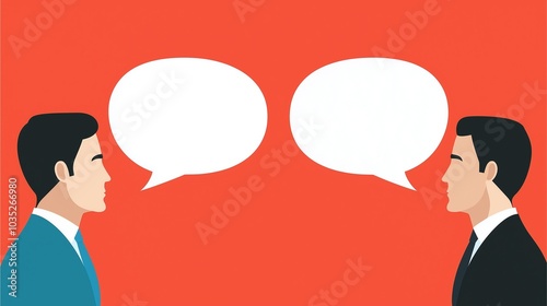 Two business men are facing each other with speech bubbles above them, symbolizing communication and dialogue. The background is a solid red color.