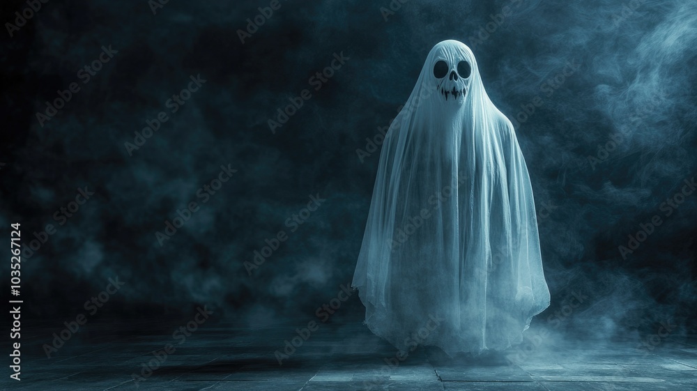 Ghostly figure in white sheet with sinister face foggy atmosphere Ghostly figure in white sheet with sinister face foggy atmosphere